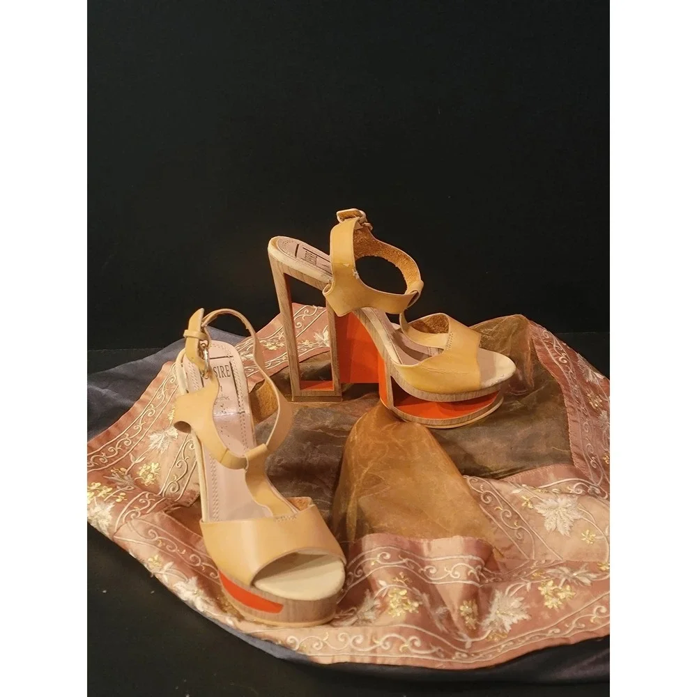 Desire by Jacobles Tan Leather Architectural Cutout Platform Sandals Orange Heel